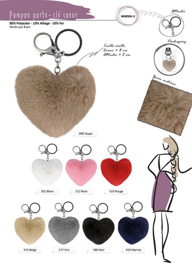 M08906 Heart Shape Fur Pompon, 8cm