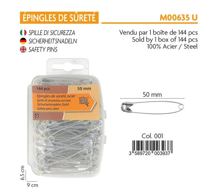 M00635 50mm Safety Pins, 144pcs/Box
