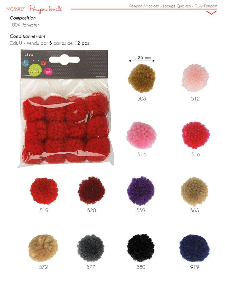 M08907 Curly Pompon 25mm, 12 Pcs/Pack