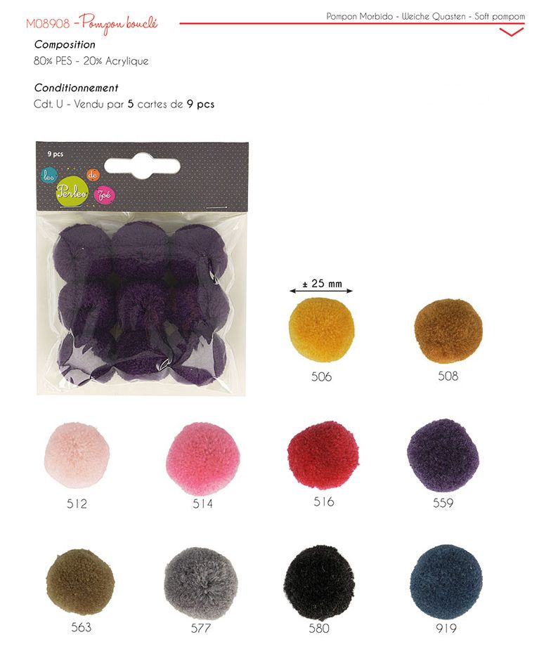 M08908 Soft Pompon 25mm, 9 Pcs/Pk