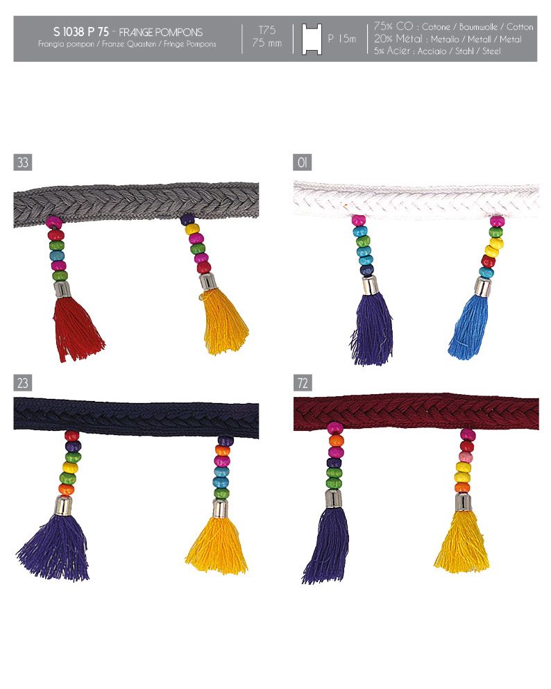 01038 Fringe Pom-Poms and Beads, 75mm
