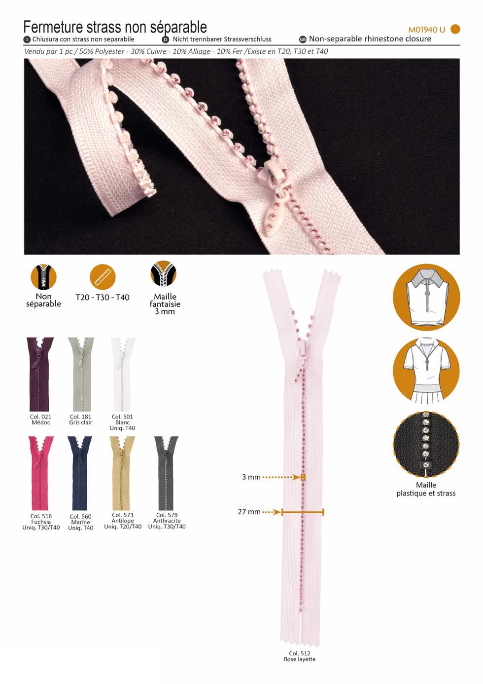 M01940 Rhinestone Teeth Zip. (Non-Sep.)