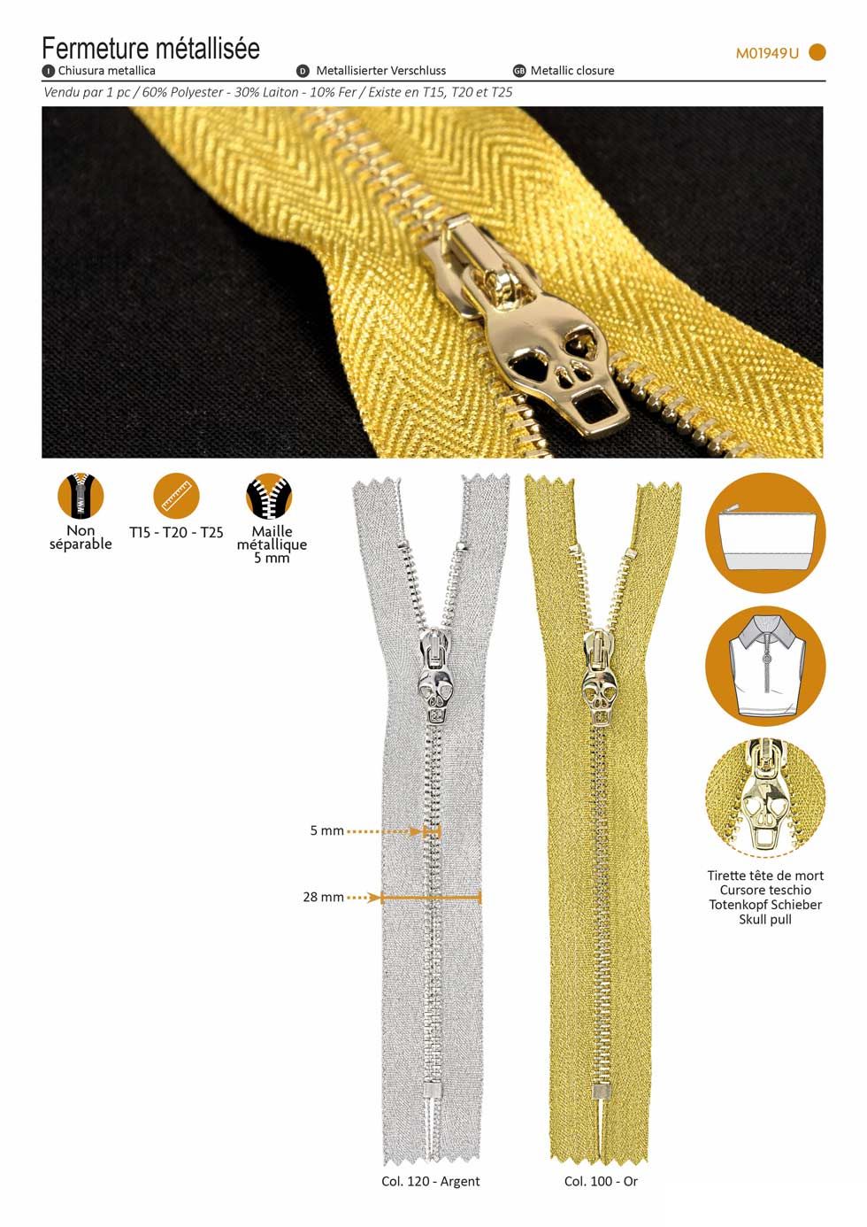M01949 Metallic Zipper w/ Skull Pull