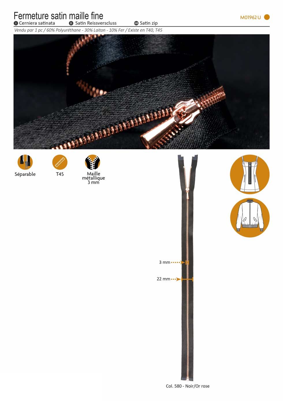M01962 Rose Gold & Black Satin Zip Separable