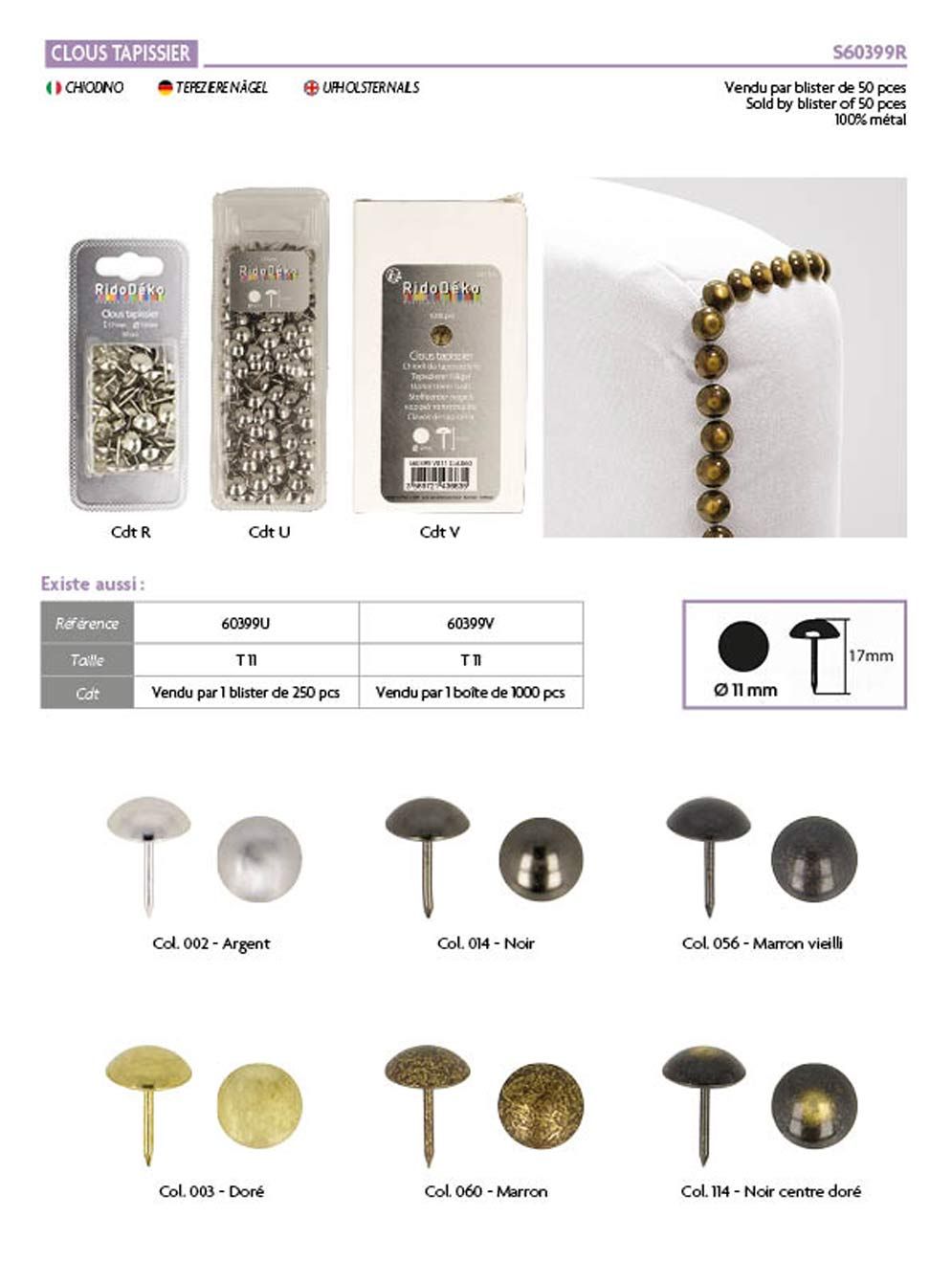 60399 1/2" Diameter Upholstery Tacks